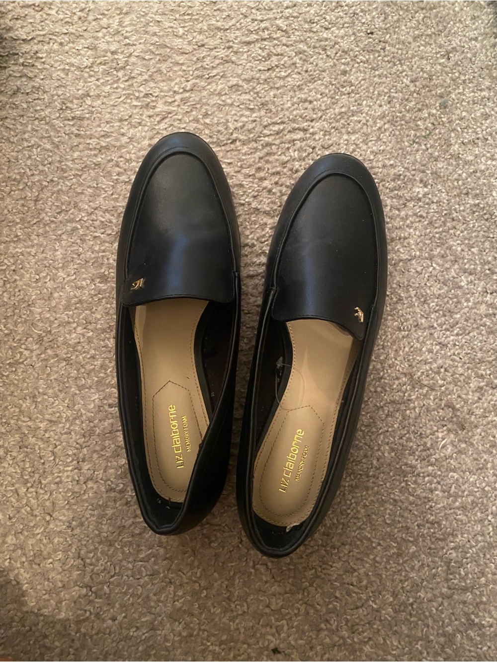 Liz Claiborne Black Leather Slip-On Loafers with Gold Accent